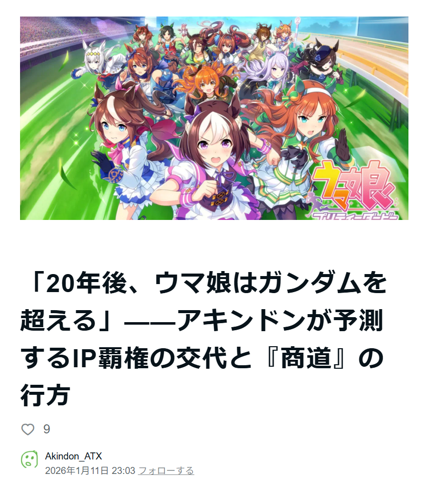 日本創作者大膽預測:20年後《賽馬娘》市場規模將超越《鋼彈》,四大關鍵揭示IP霸權更迭 2 日本創作者大膽預測:20年後《賽馬娘》市場規模將超越《鋼彈》,四大關鍵揭示IP霸權更迭